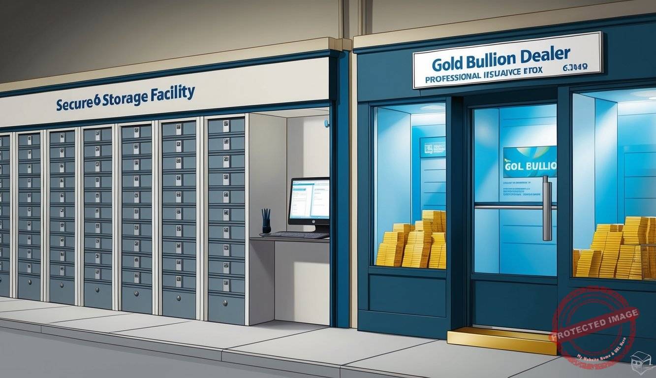 A secure storage facility with rows of safety deposit boxes, alongside a professional insurance agent's office, and a gold bullion dealer's storefront