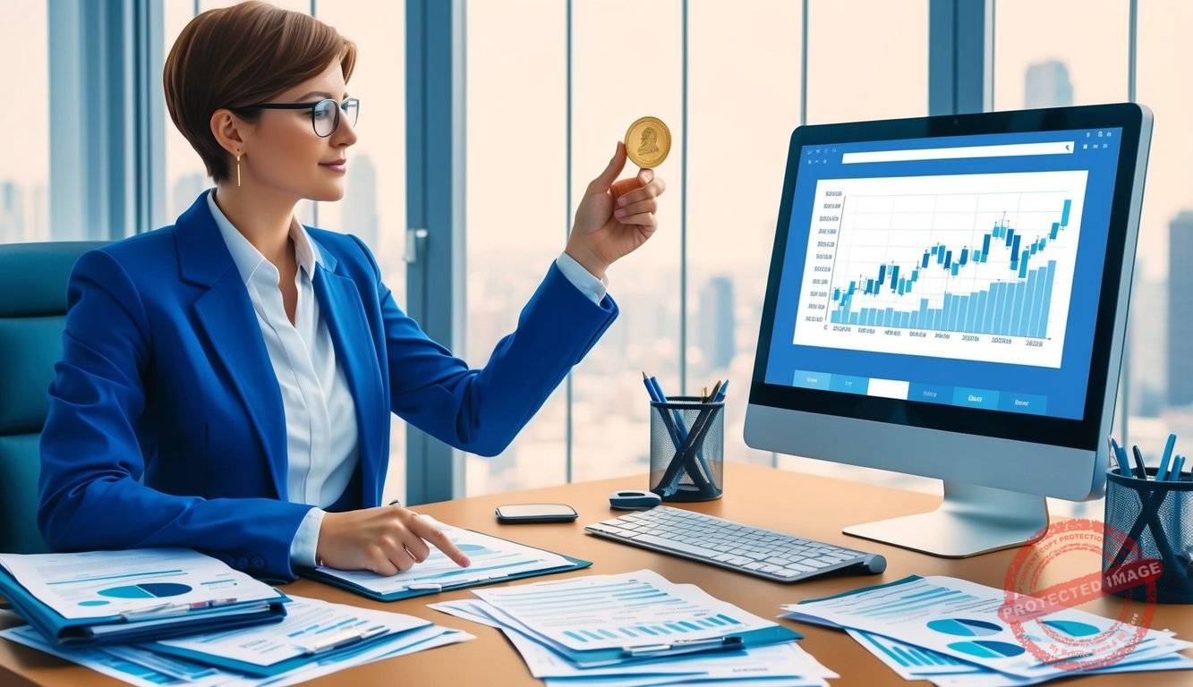 A person sits at a desk, surrounded by financial documents and a computer. They hold a gold coin in one hand, while pointing at a chart on the screen with the other