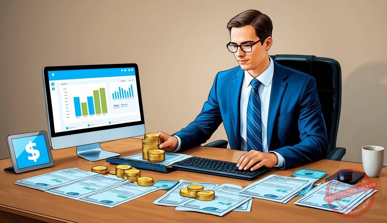 A person sitting at a desk, surrounded by financial documents and a computer, carefully transferring funds from an IRA account to physical gold
