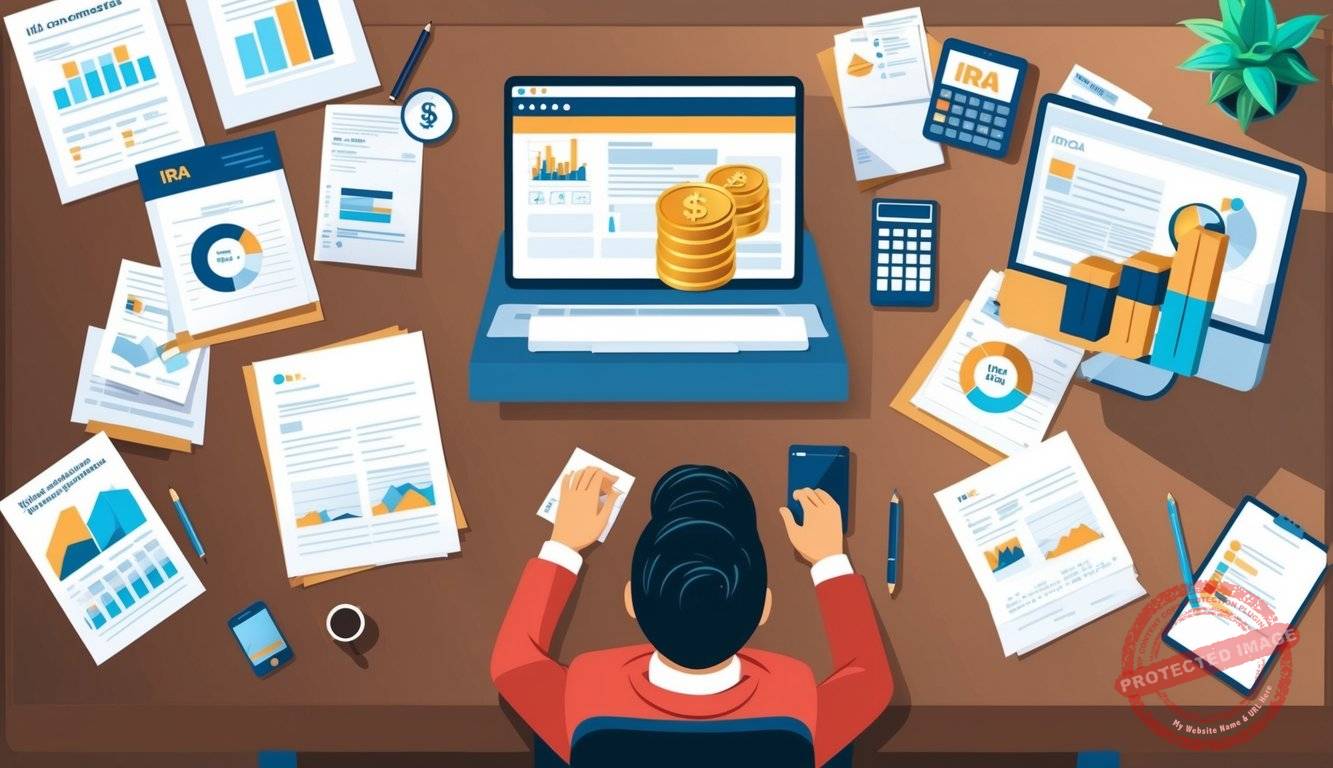 A person at a desk, surrounded by paperwork and a computer, researching how to convert IRA to physical gold