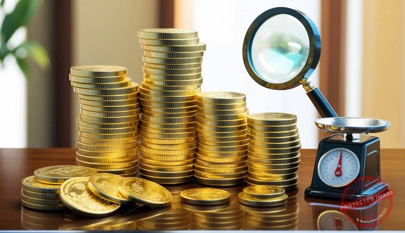 A stack of gold coins and bars arranged neatly on a polished wooden table, with a magnifying glass and a set of weighing scales nearby