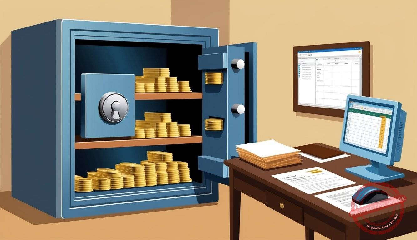 A secure safe with shelves holding gold bars and coins, alongside a table with paperwork and a computer for tracking purchases and storing tips