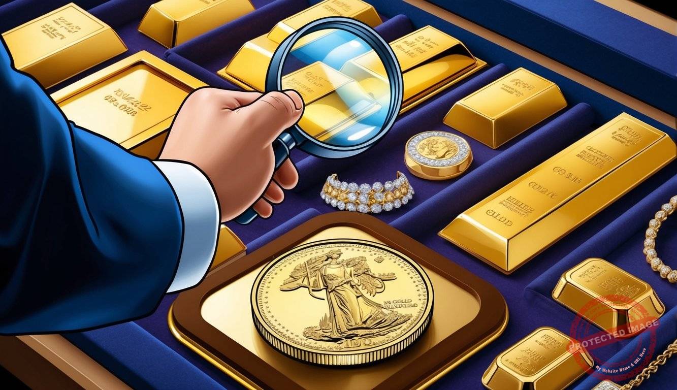 A hand holding a magnifying glass inspects a gleaming gold coin, surrounded by various gold bars and jewelry on a velvet-lined display