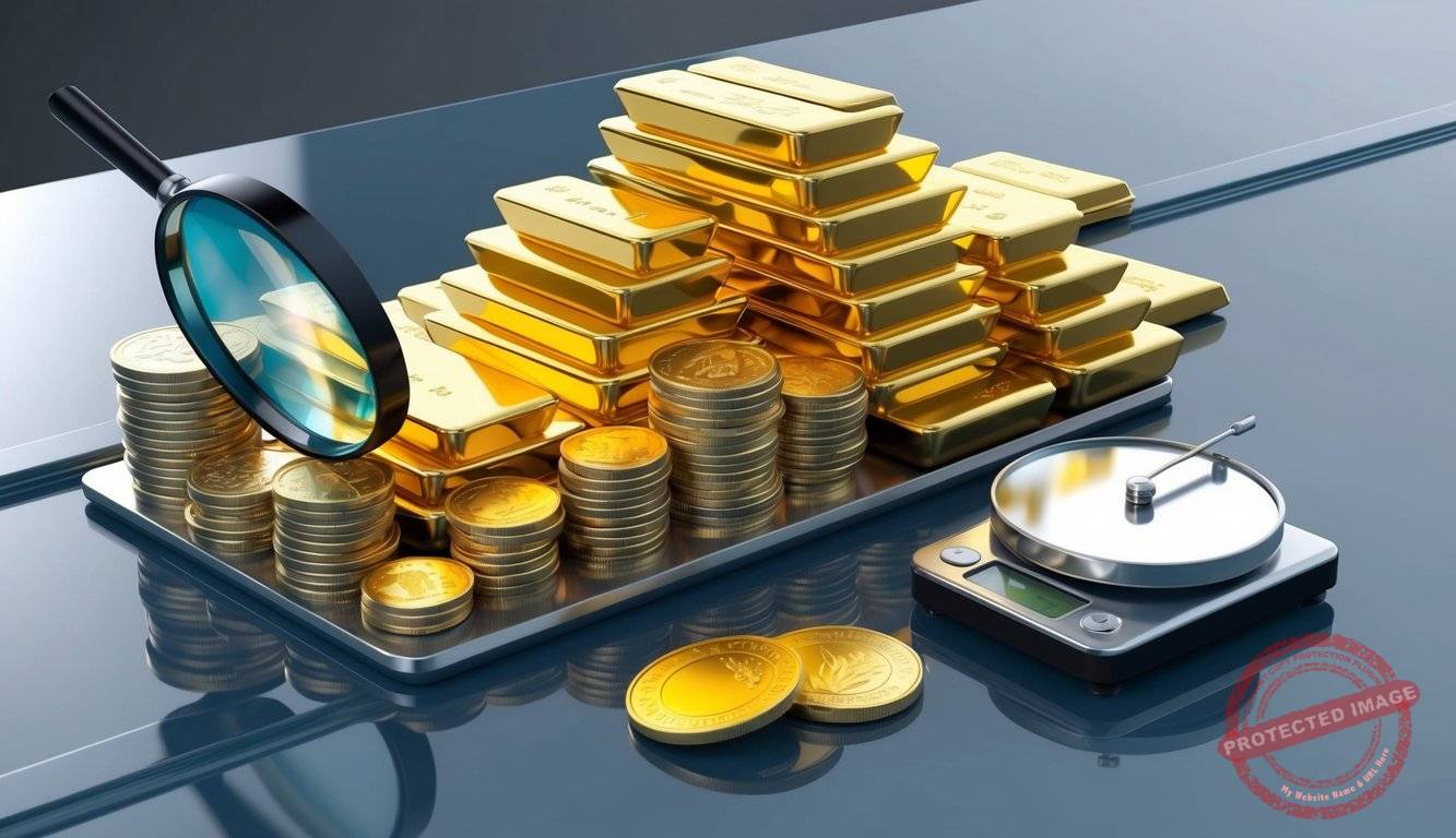 A pile of gold bars and coins arranged on a sleek, polished surface, with a magnifying glass and a scale nearby for inspection and measurement