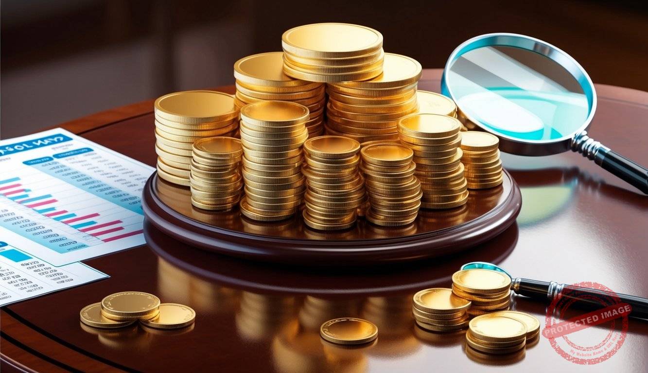A stack of gold coins and bars displayed on a polished wooden table, with a magnifying glass and price charts nearby
