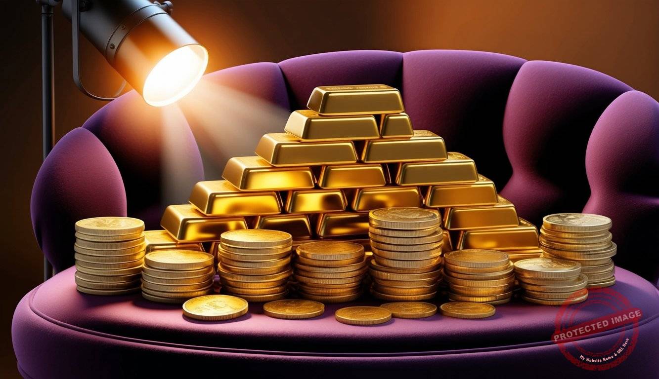 A stack of gold bars and coins arranged on a velvet cushion, with a spotlight casting a warm glow on the precious metal