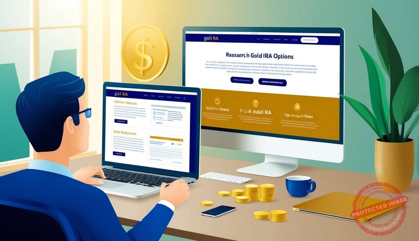 A person researching Gold IRA options, with a computer open to a website explaining the benefits and steps to set up a Gold IRA