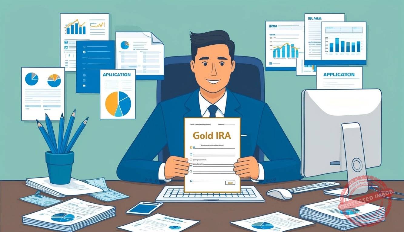 A person sitting at a desk, surrounded by financial documents and a computer, with a gold IRA application form in hand