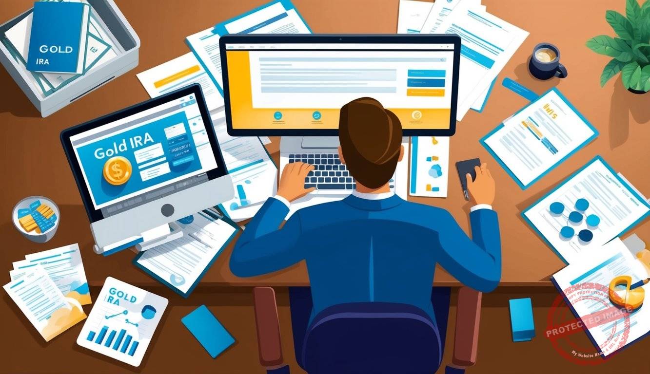 A person sitting at a desk, surrounded by financial documents and a computer, setting up a Gold IRA account online