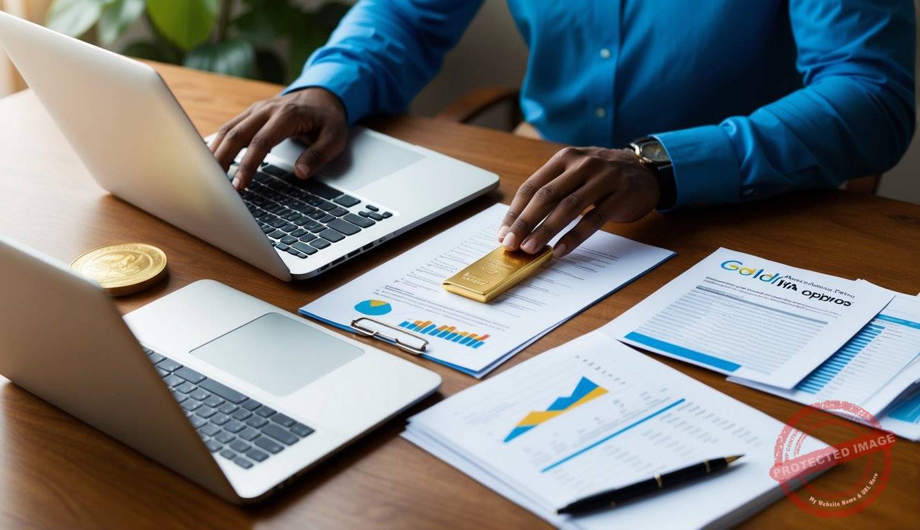 A desk with a laptop, financial documents, and a gold bar. A person researching Gold IRA options