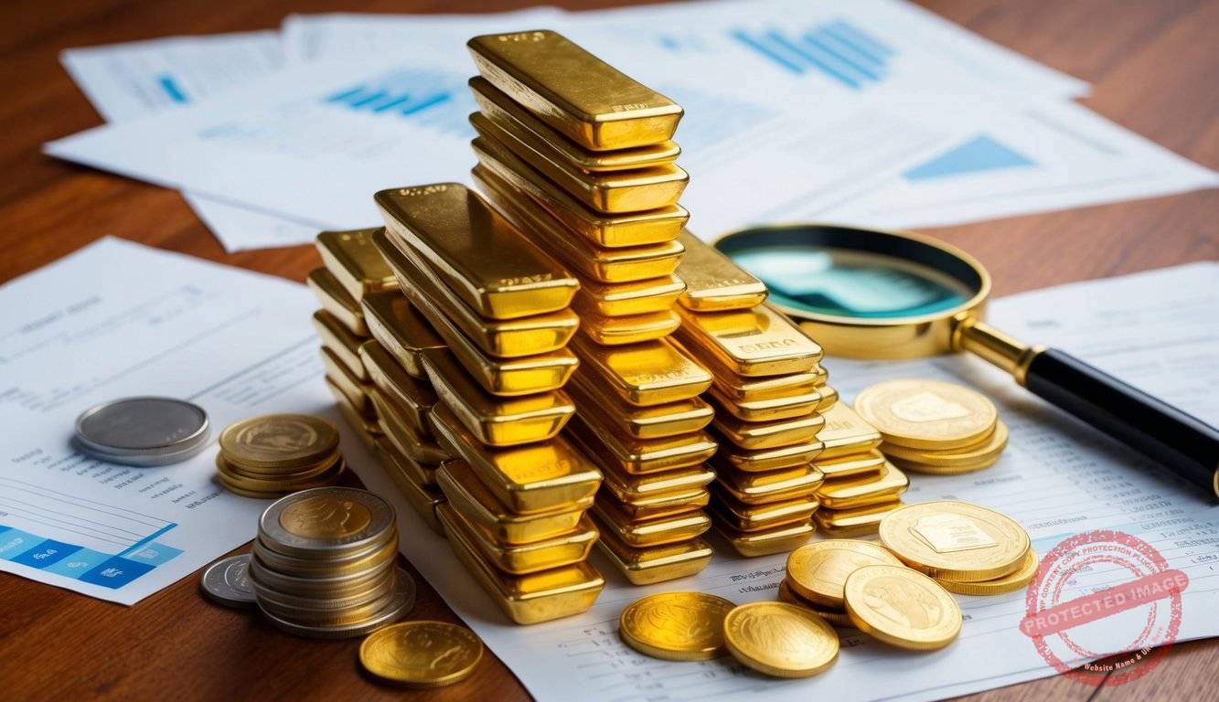 A stack of gold bars and coins arranged on a wooden table, with a magnifying glass and financial documents scattered around