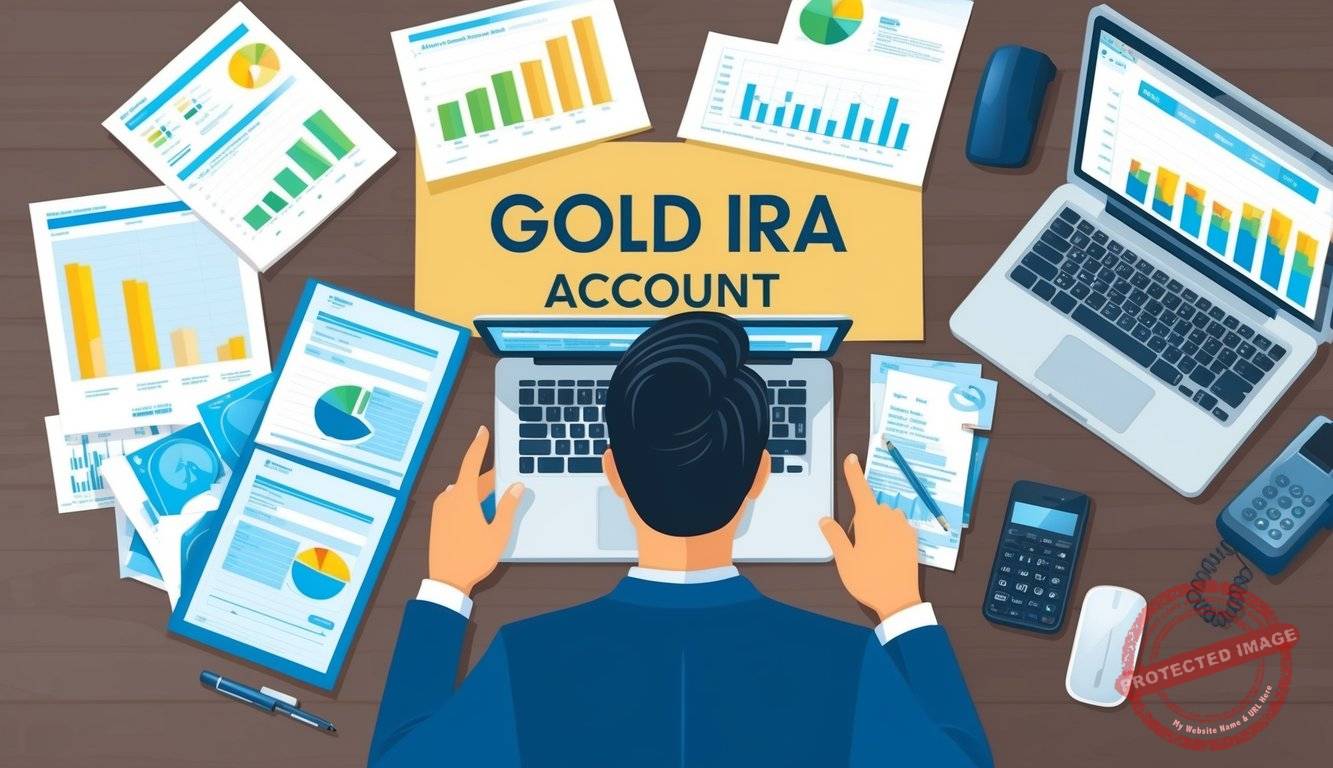 A person setting up a Gold IRA account, surrounded by financial documents and charts, with a computer and phone nearby for research and assistance