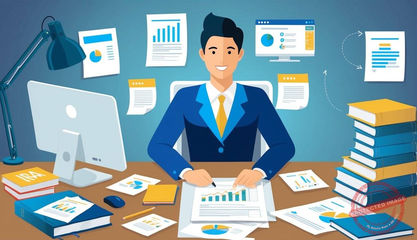 A person sitting at a desk, surrounded by papers, a computer, and a stack of books. They are researching and setting up a Gold IRA