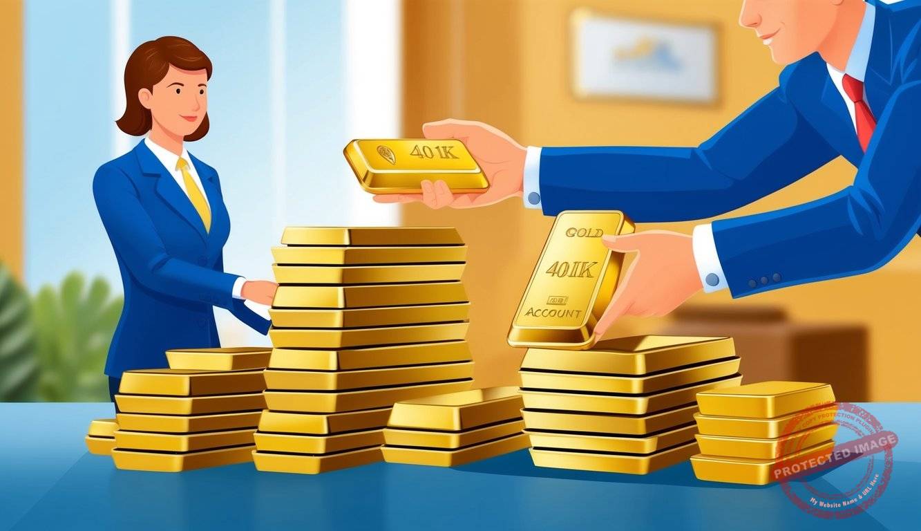A person transferring gold bars from a 401k account to a gold IRA, with a bank representative overseeing the transaction