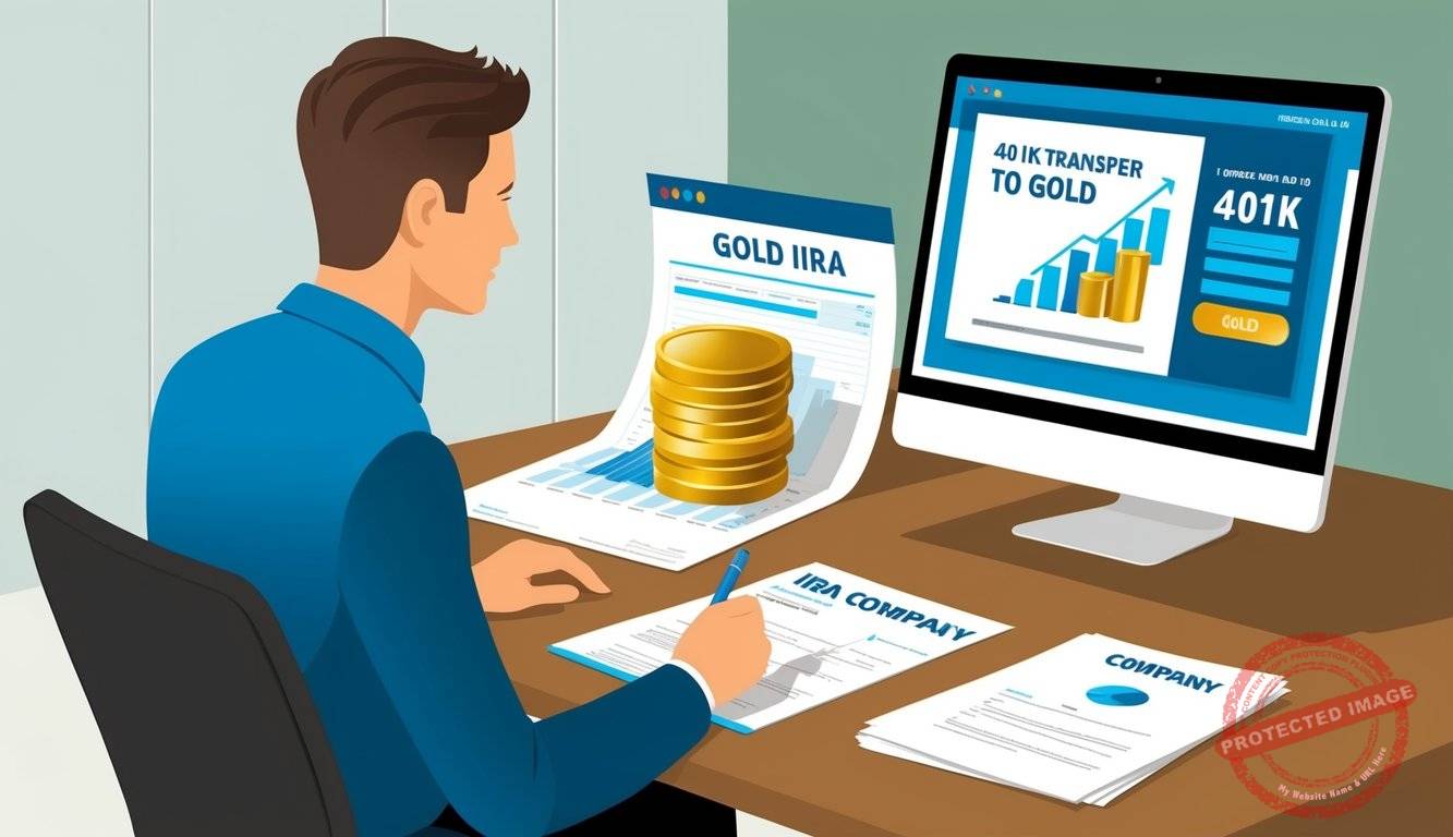 A person sits at a desk, looking at paperwork for a Gold IRA company. A computer screen shows a 401k transfer to gold