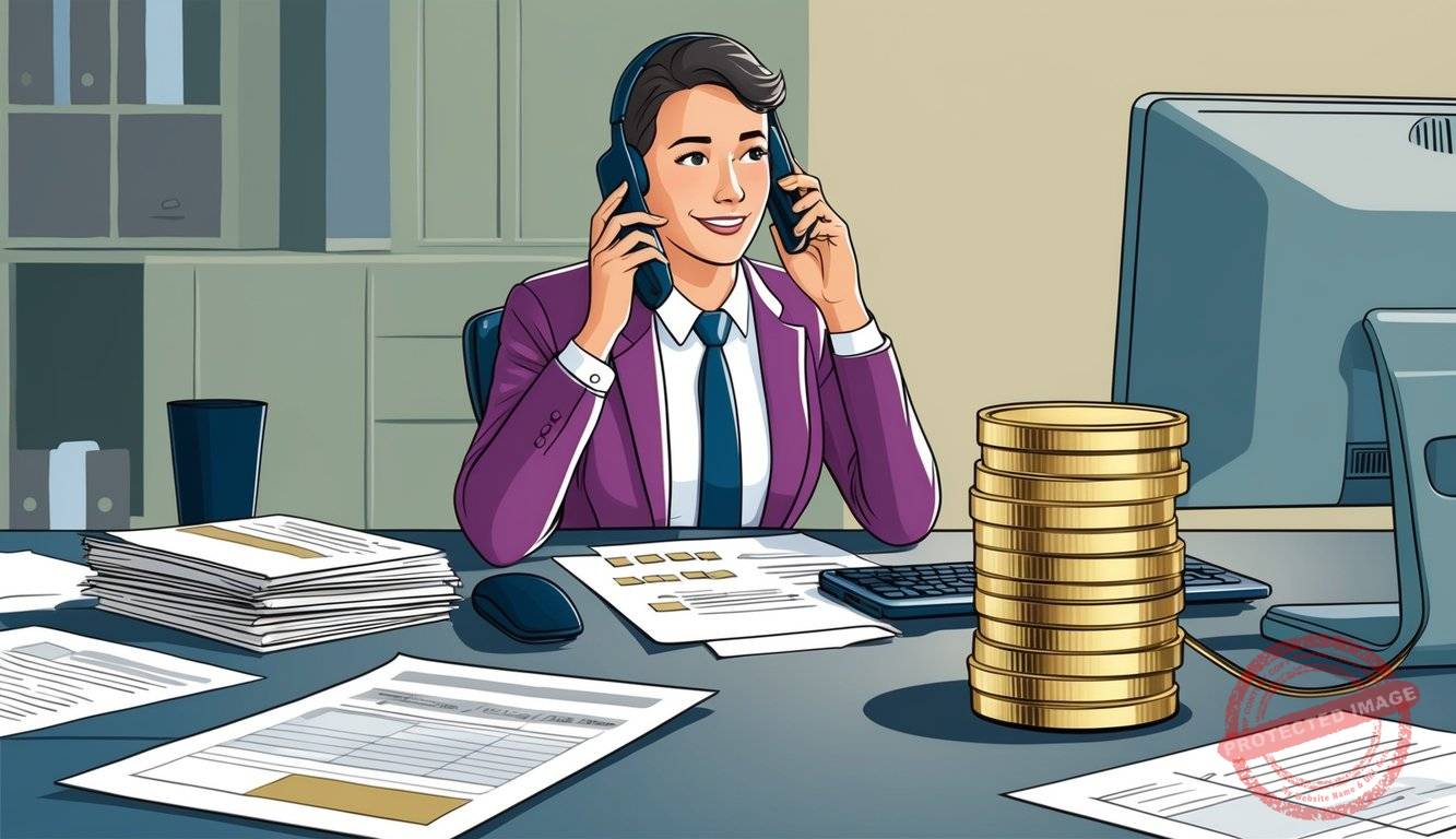 A person sits at a desk, surrounded by paperwork and a computer. They are on the phone, discussing transferring their 401k to gold. A stack of gold coins sits on the desk