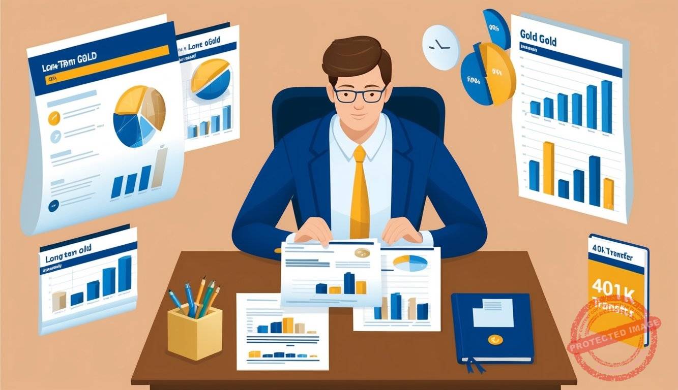 A person sitting at a desk, reviewing financial documents and charts related to long-term gold investments and 401k transfer options