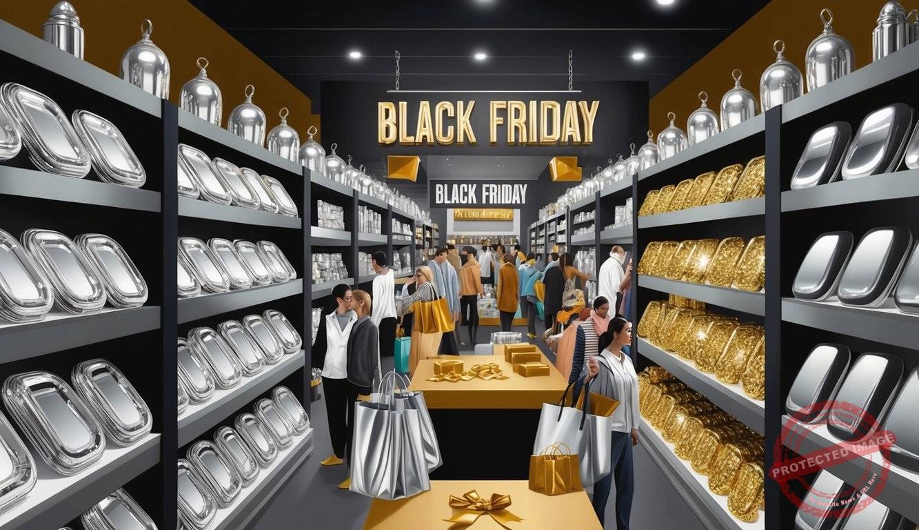 A crowded store with shelves of shiny silver and gold items on sale for Black Friday