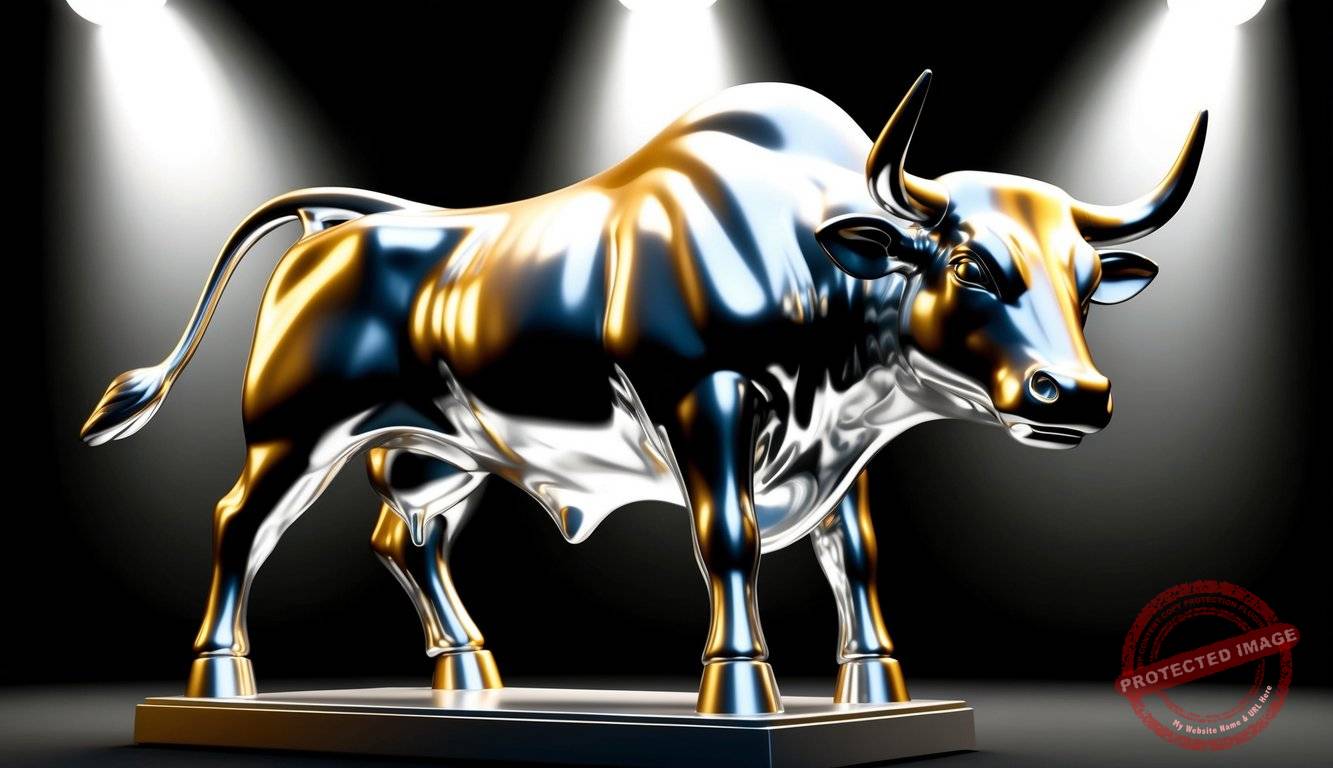 A silver and gold bull statue stands in a spotlight, with a black background and a sense of anticipation in the air