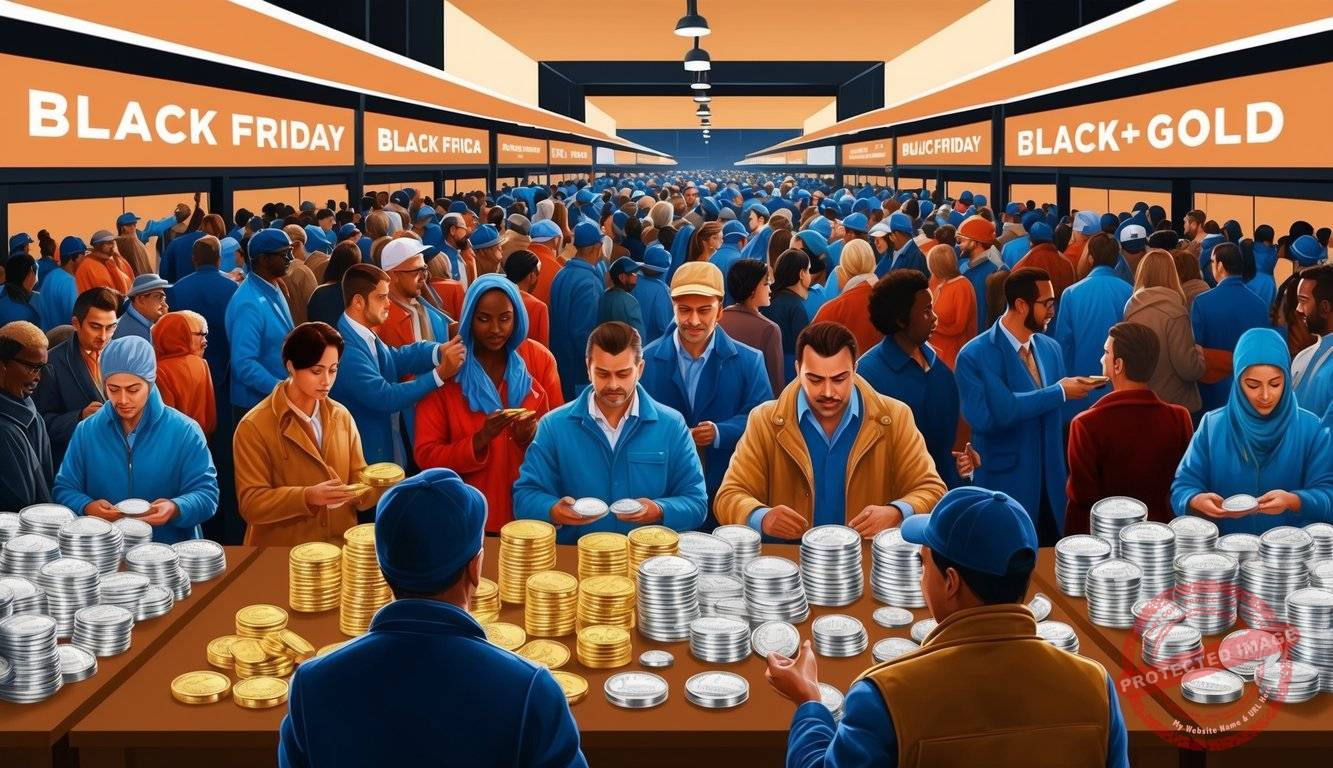 A crowded Black Friday market with people buying and selling silver and gold bullion