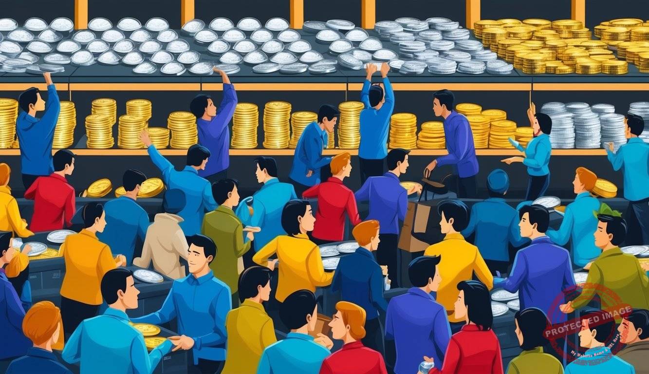 A crowded store with shelves of silver and gold bullion, customers scrambling for Black Friday deals