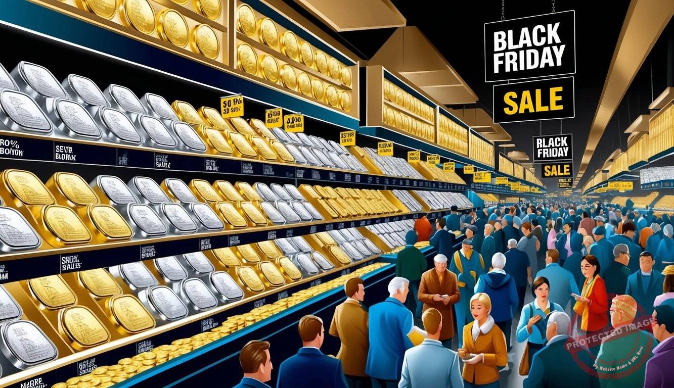 A crowded marketplace with shelves of gleaming silver and gold bullion, adorned with Black Friday sale signs and bustling with eager shoppers