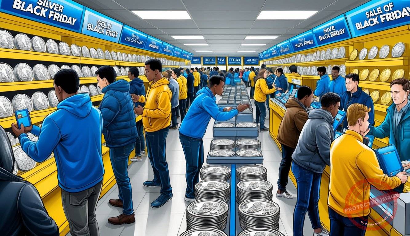 A crowded store with shelves of silver and gold bullion on sale for Black Friday. Customers eagerly grab items, while others wait in line at the checkout counter