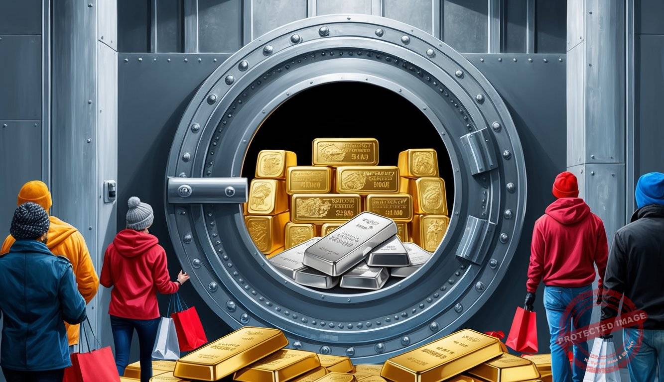 A secure vault filled with authentic silver and gold bars, surrounded by Black Friday shoppers