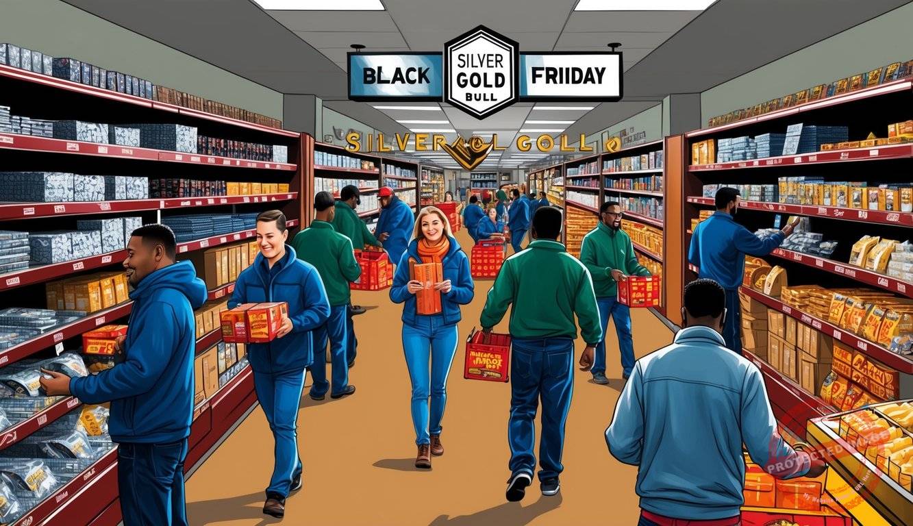 A bustling Black Friday scene at Silver Gold Bull store, with customers browsing and considering purchases, while staff restock shelves