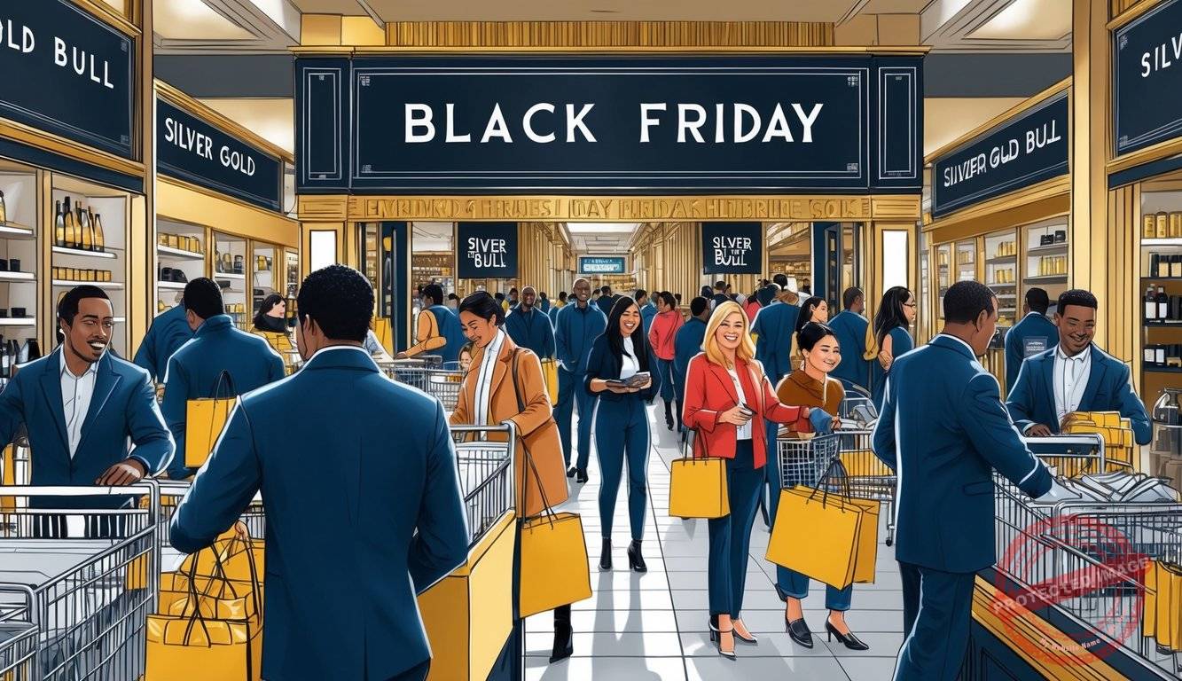 A bustling Black Friday scene at Silver Gold Bull, with customers browsing and staff assisting