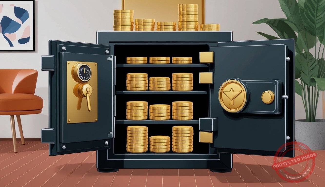 A secure home safe with gold bars and coins neatly organized inside