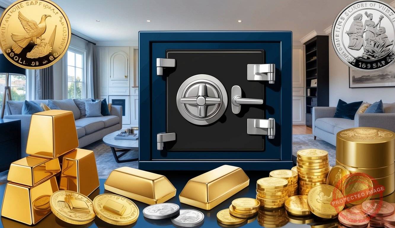 A secure home setting with a safe or vault prominently displayed, surrounded by images of gold bars, coins, and other precious metals