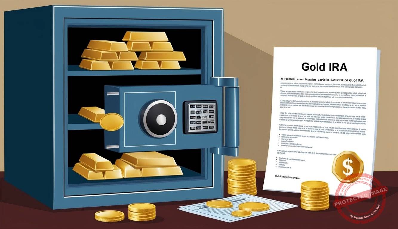 A secure home safe holds gold bars and coins, with a document explaining the concept of a Gold IRA