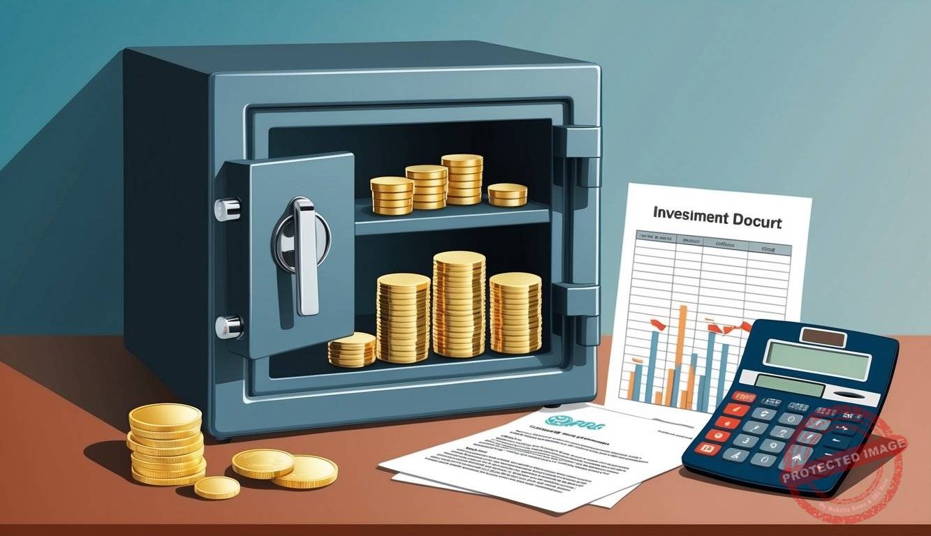 A secure home safe with gold bars and coins, alongside investment documents and a calculator