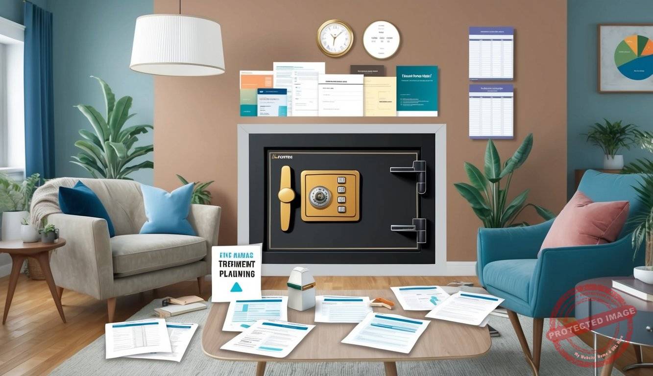 A cozy living room with a secure safe hidden in a wall, surrounded by financial documents and retirement planning materials