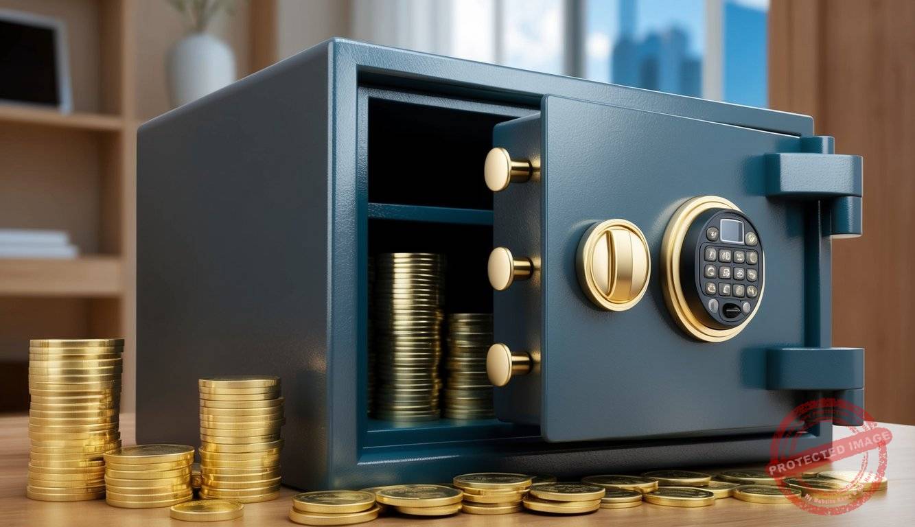 A secure home safe holds gold bars and coins for a Gold IRA