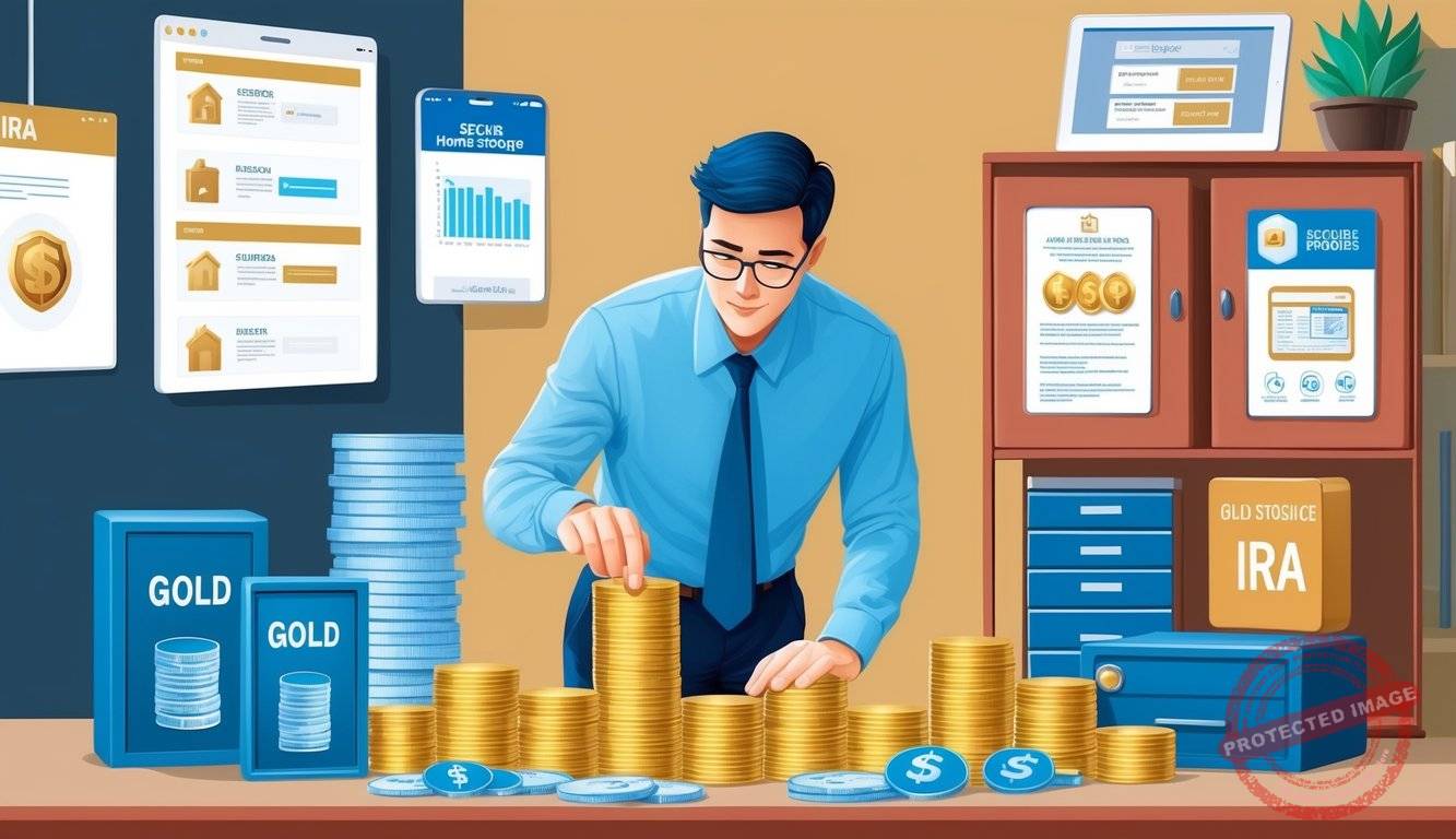 A person carefully selects and inspects a secure home storage option for their gold IRA, surrounded by various options and information