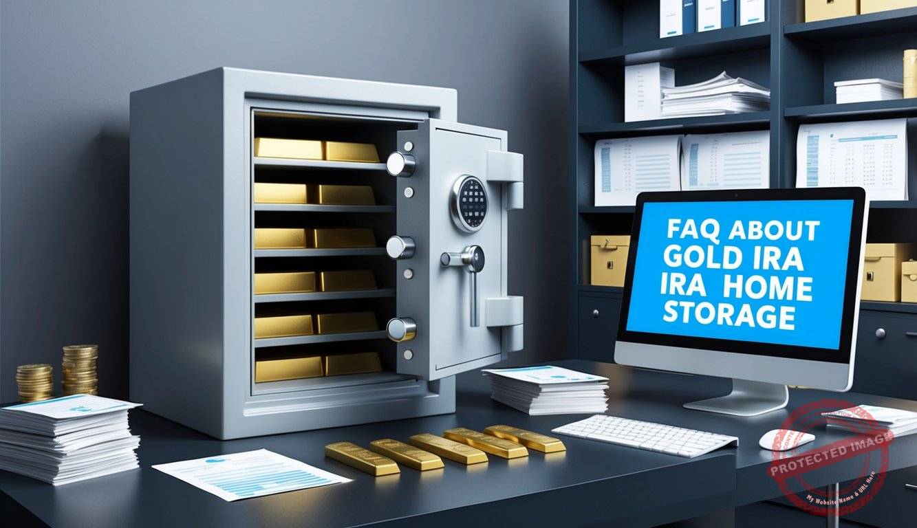 A secure home safe with gold bars and coins, surrounded by shelves of financial documents and a computer displaying FAQs about Gold IRA home storage