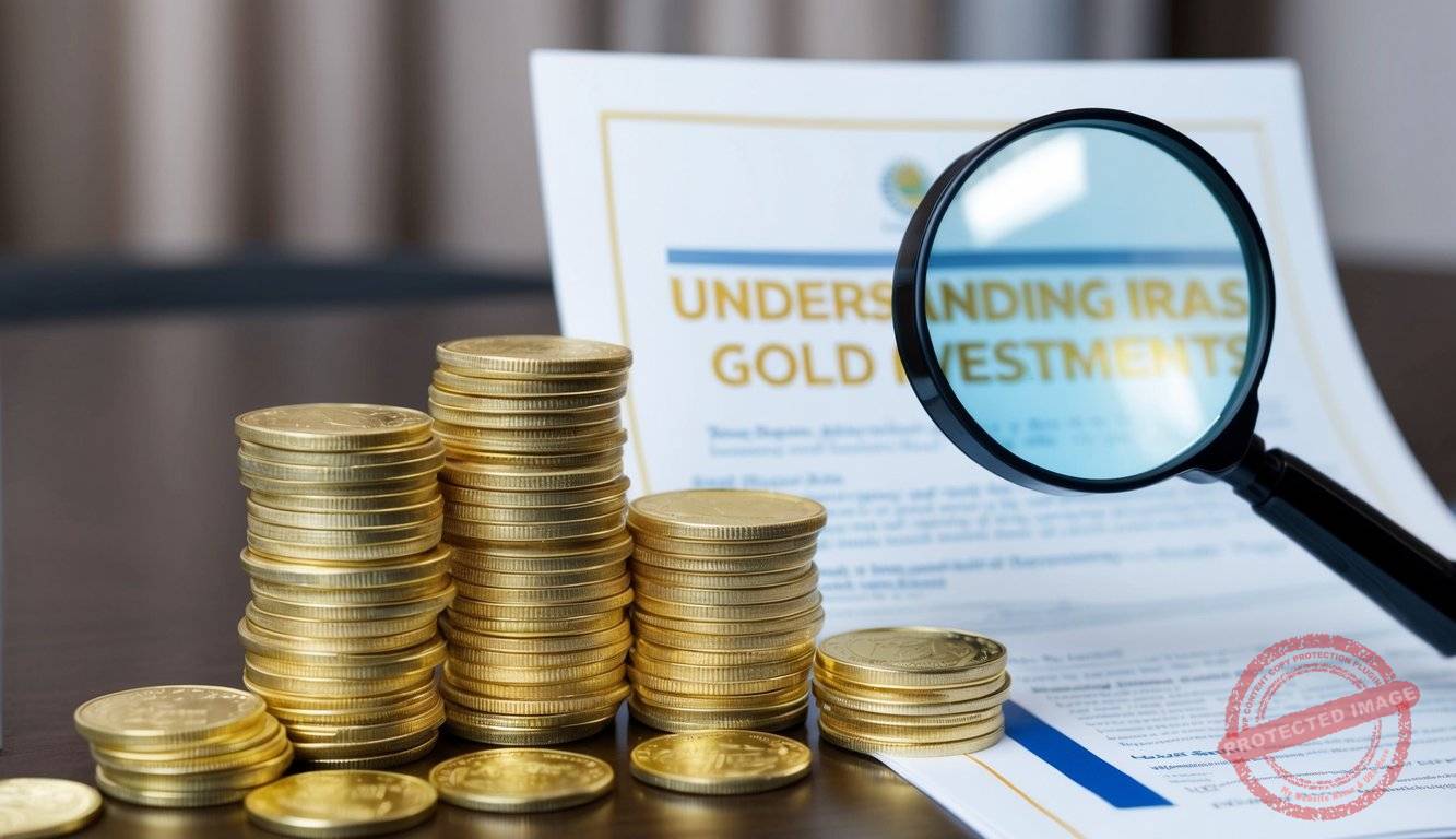 A stack of gold coins sits on a table, next to a document titled "Understanding IRAs and Gold Investments." A magnifying glass hovers over the coins