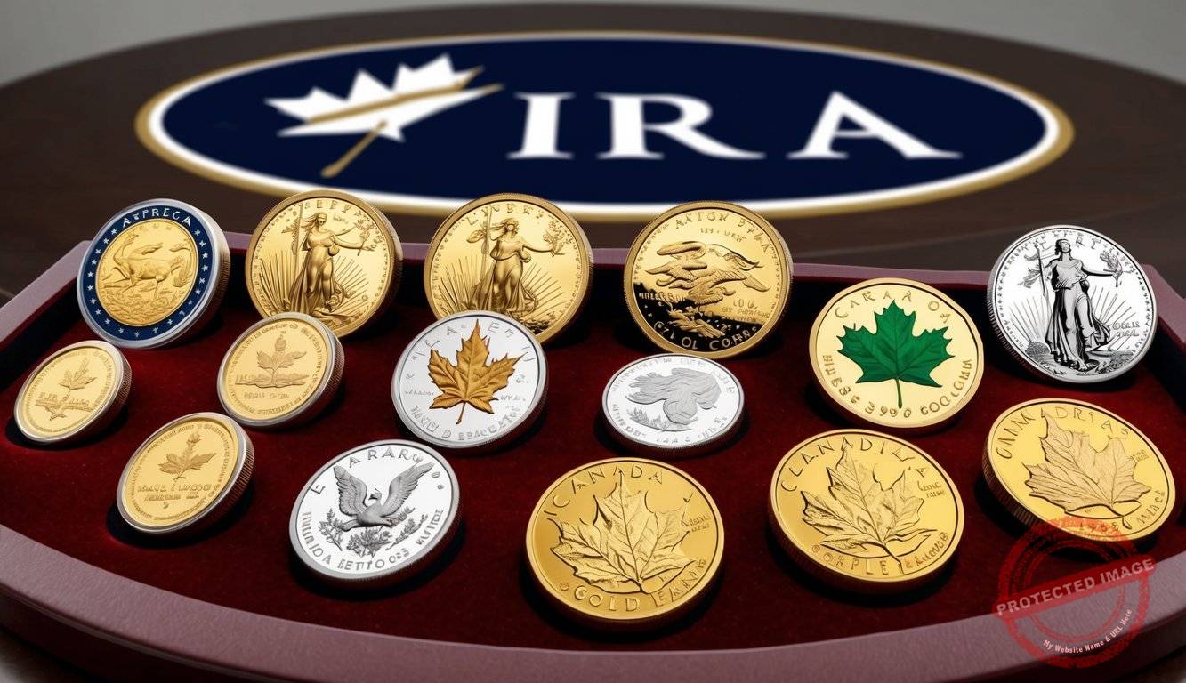 A collection of various gold coins, including American Eagle and Canadian Maple Leaf, displayed on a velvet-lined tray with the IRA logo in the background