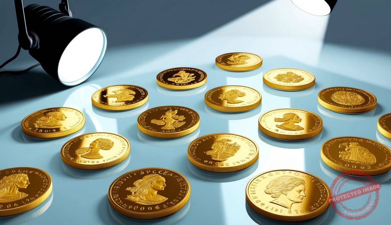 A collection of popular gold coins arranged on a clean, reflective surface, with a spotlight highlighting their intricate designs
