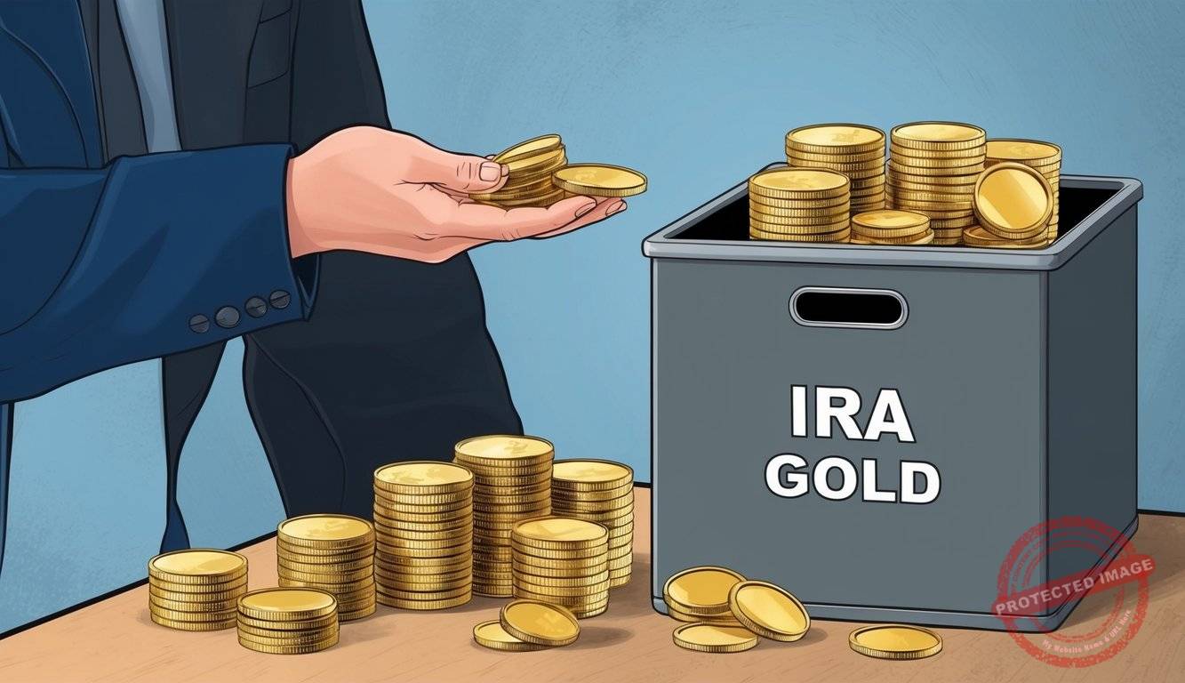 A person placing gold coins in a secure storage container labeled "IRA Gold."
