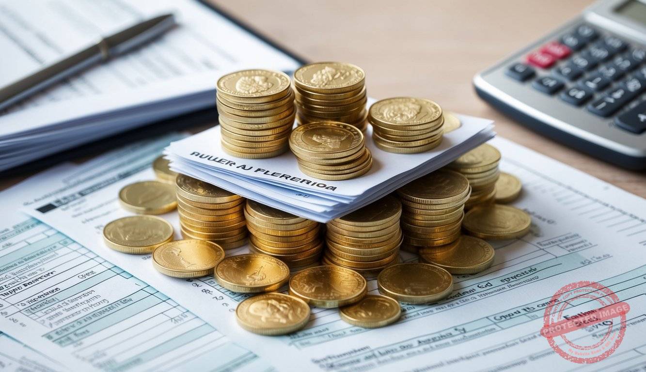 A stack of gold coins surrounded by financial documents and tax forms