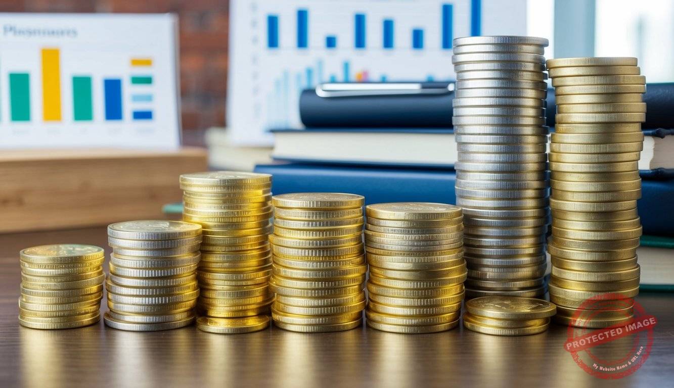A stack of gold coins in various sizes and designs arranged on a table, with financial charts and investment books in the background