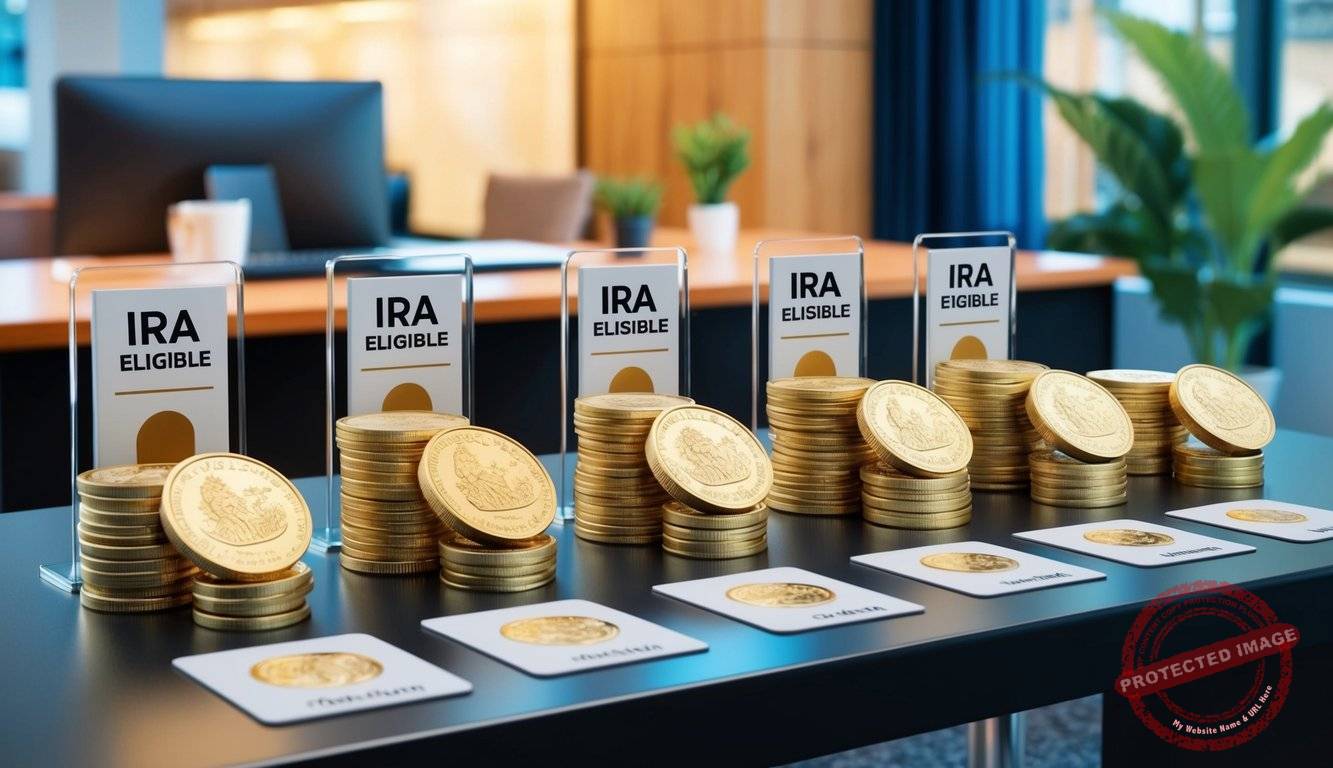 A table displaying various gold coins with labels "IRA Eligible" in a bank or investment office