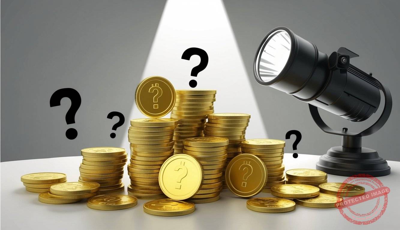 A stack of gold coins with IRA and FAQ symbols, surrounded by question marks and a spotlight