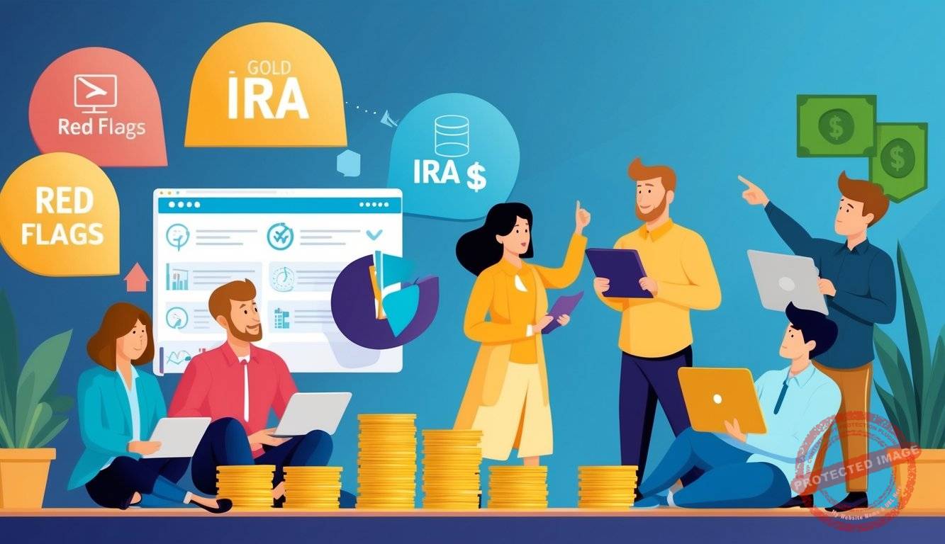 A group of people researching and comparing different investment options, including gold IRAs, while a financial advisor points out potential red flags and scams to avoid