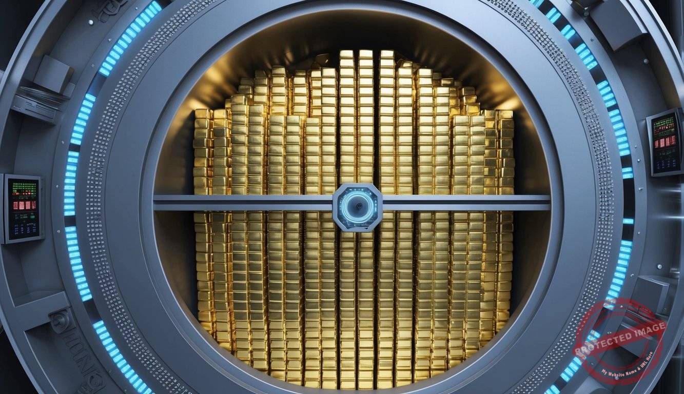 A secure vault with rows of gold bars and coins, surrounded by high-tech security measures