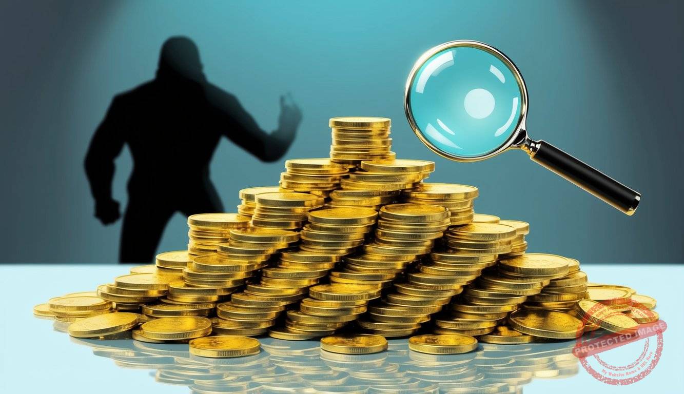 A pile of gold coins with a magnifying glass hovering over them, while a shadowy figure lurks in the background