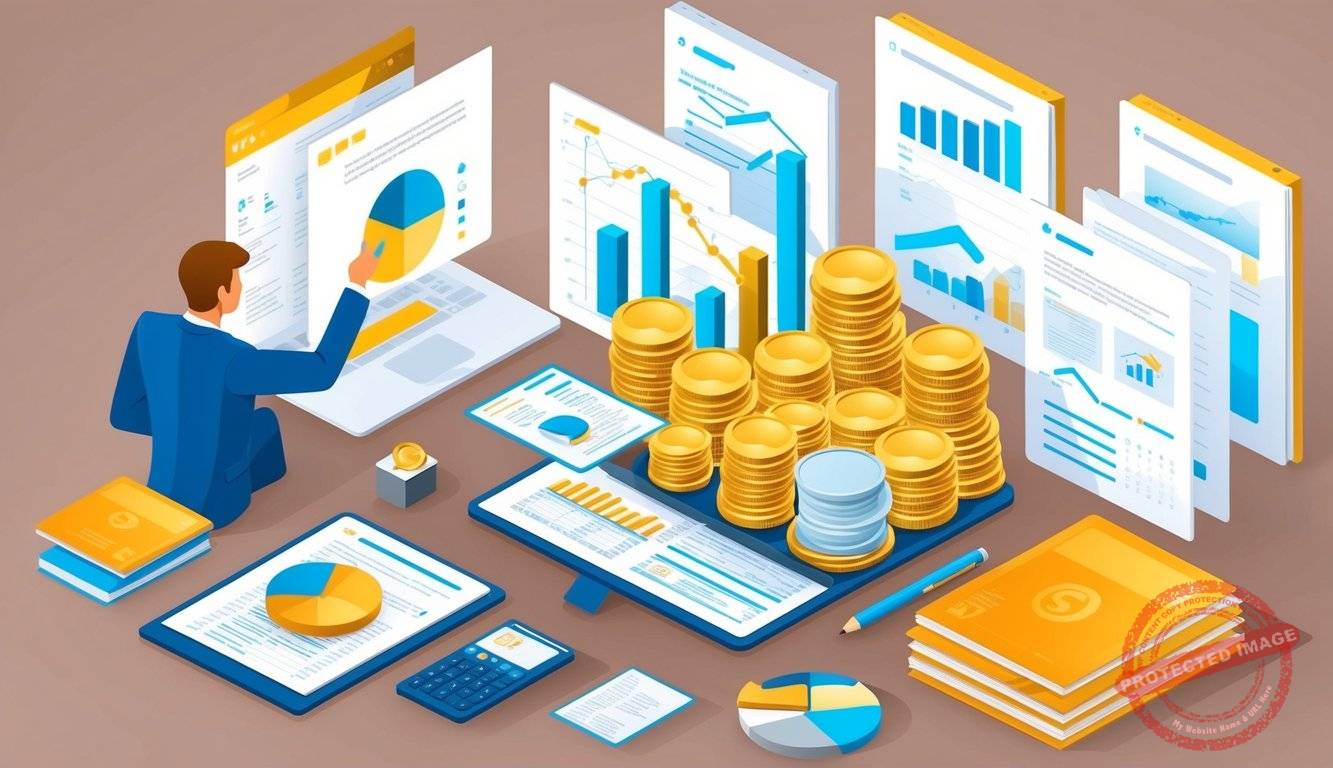 A person researching gold IRA companies while avoiding gold IRA scams, surrounded by financial documents and a computer